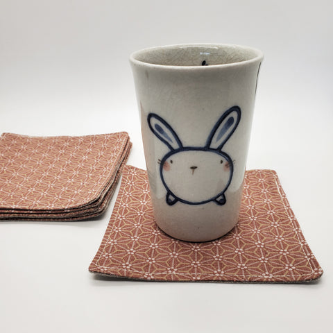 Japanese Fabric Coasters in Asanoha Rose Blue Flower Coasters Set with Lithuanian Linen for tea coffee cups, plant coaster