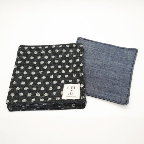 Japanese Fabric Coasters in Black Polka Dot Blue Flower Coasters Set with Lithuanian Linen for tea coffee cups, plant coaster
