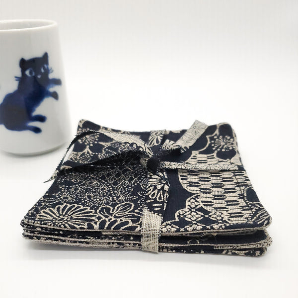 Japanese Fabric Coasters in Indigo Blossom Blue Flower Coasters Set with Lithuanian Linen for tea coffee cups, plant coaster 