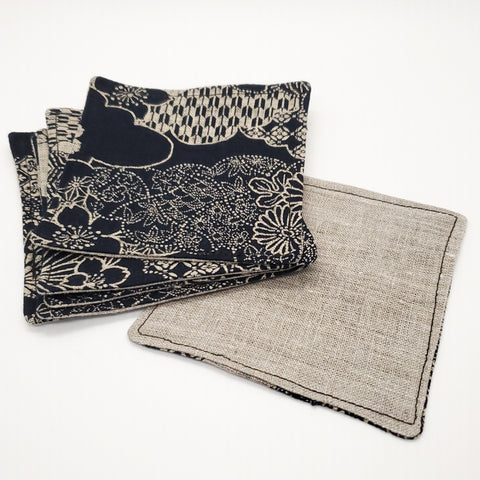 Japanese Fabric Coasters in Indigo Blossom Blue Flower Coasters Set with Lithuanian Linen for tea coffee cups, plant coaster