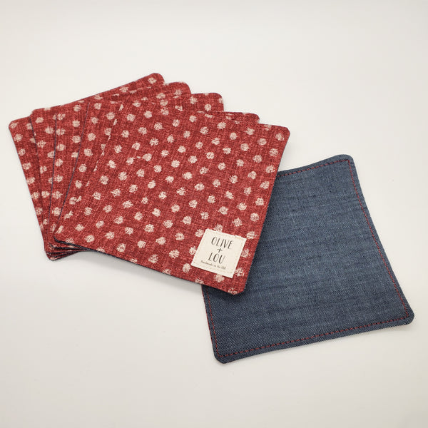 Origami Tea Cloth coasters denim red dots japanese textile linen modern coaster kitchen decor fabric handmade unique japan mask 