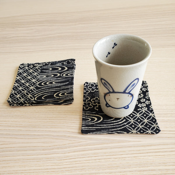 Japanese Fabric Coasters in Indigo Patchwork Blue Flower Coasters Set with Lithuanian Linen for tea coffee cups, plant coaster