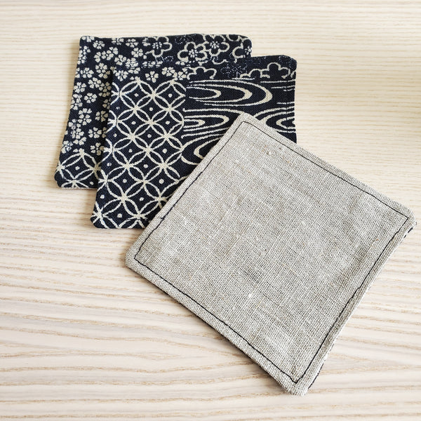 Japanese Fabric Coasters in Indigo Patchwork Blue Flower Coasters Set with Lithuanian Linen for tea coffee cups, plant coaster