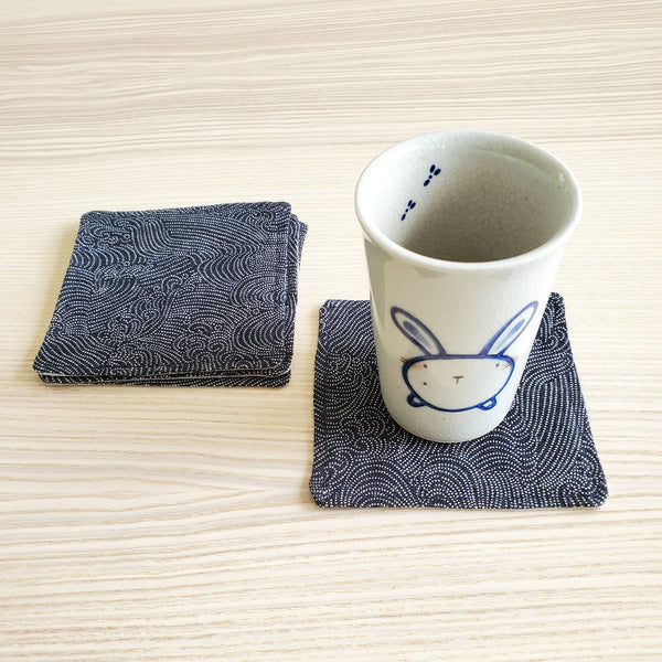 Japanese Fabric Coasters in Dotted Waves Indigo Blue Flower Coasters Set with Lithuanian Linen for tea coffee cups, plant coaster
