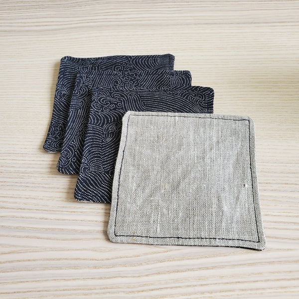 Japanese Fabric Coasters in Dotted Waves Indigo Blue Flower Coasters Set with Lithuanian Linen for tea coffee cups, plant coaster