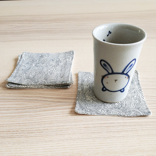 Japanese Fabric Coasters in Dotted Waves Ivory Flower Coasters Set with Lithuanian Linen for tea coffee cups, plant coaster