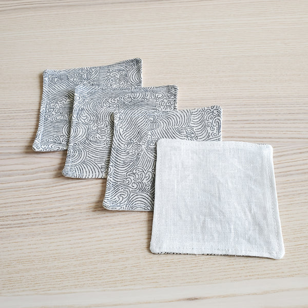 Japanese Fabric Coasters in Dotted Waves Ivory Flower Coasters Set with Lithuanian Linen for tea coffee cups, plant coaster