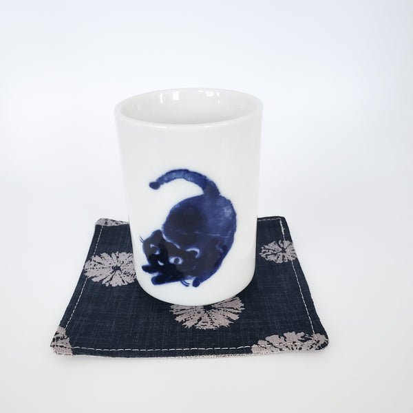 Japanese Fabric Coasters in Sand Dollar Blue Flower Coasters Set with Lithuanian Linen for tea coffee cups, plant coaster