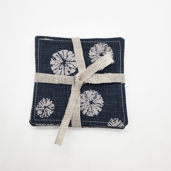 Japanese Fabric Coasters in Sand Dollar Blue Flower Coasters Set with Lithuanian Linen for tea coffee cups, plant coaster 