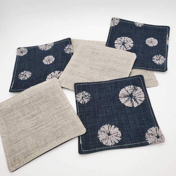 Japanese Fabric Coasters in Sand Dollar Blue Flower Coasters Set with Lithuanian Linen for tea coffee cups, plant coaster