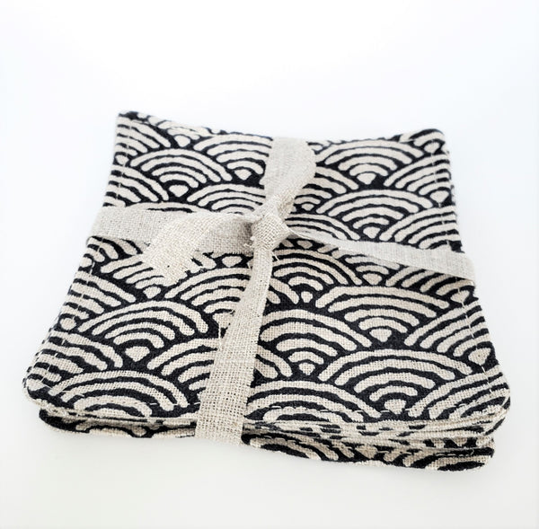 Japanese Fabric Coasters in Seigaiha Wave Coasters Set with Lithuanian Linen for tea coffee cups, plant coaster