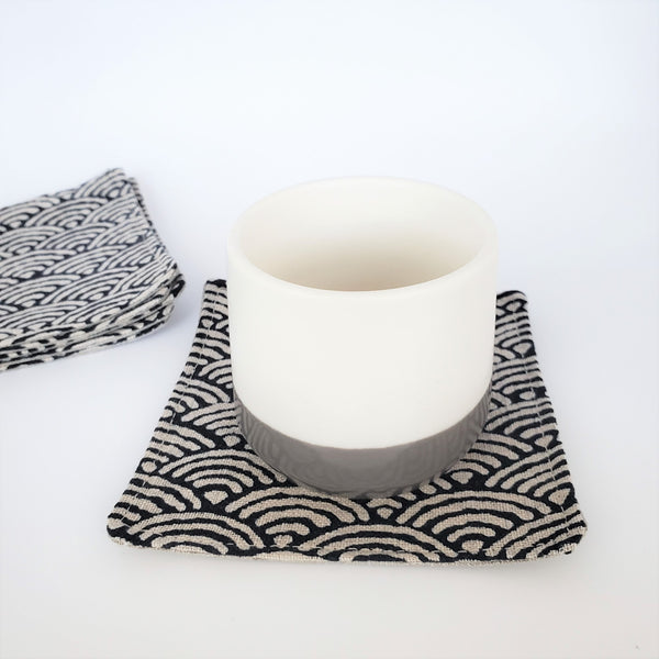 Japanese Fabric Coasters in Seigaiha Wave Coasters Set with Lithuanian Linen for tea coffee cups, plant coaster 