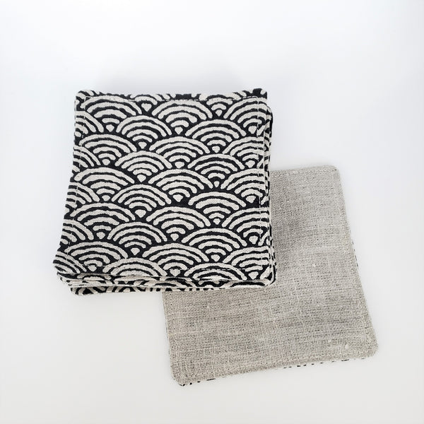 Japanese Fabric Coasters in Seigaiha Wave Coasters Set with Lithuanian Linen for tea coffee cups, plant coaster