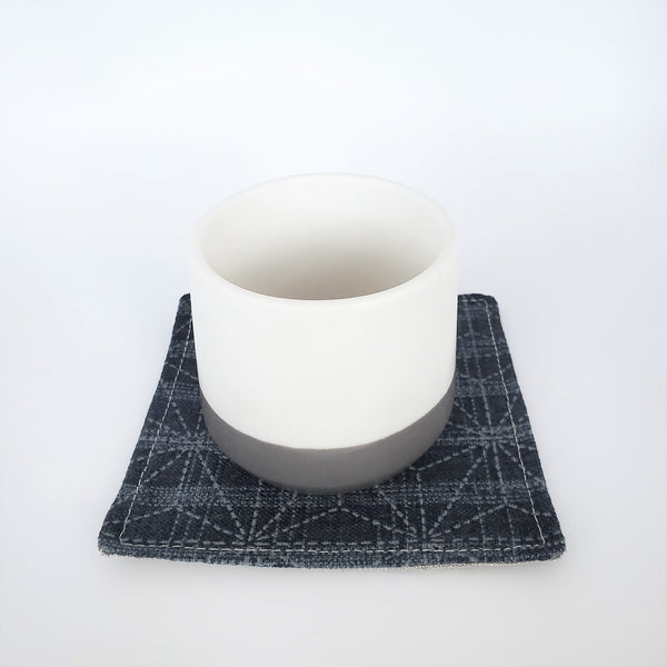 Japanese Fabric Coasters in Large Asanoha Star Blue Flower Coasters Set with Lithuanian Linen for tea coffee cups, plant coaster