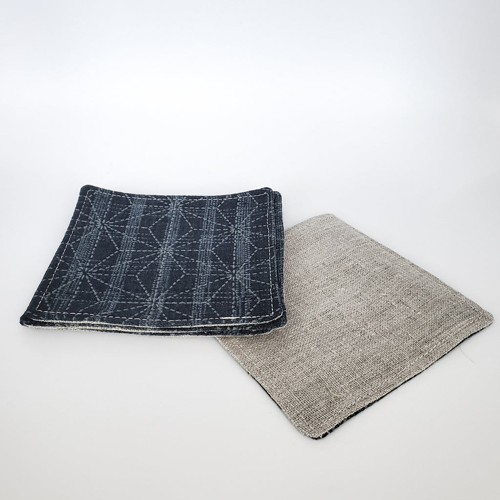 Japanese Fabric Coasters in Large Asanoha Star Blue Flower Coasters Set with Lithuanian Linen for tea coffee cups, plant coaster