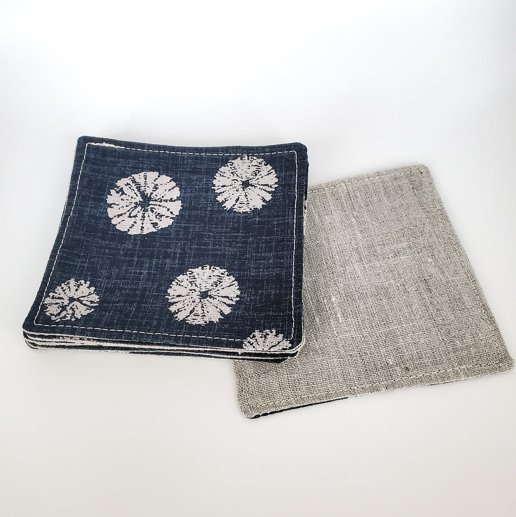 Japanese Fabric Coasters in Sand Dollar Blue Flower Coasters Set with Lithuanian Linen for tea coffee cups, plant coaster