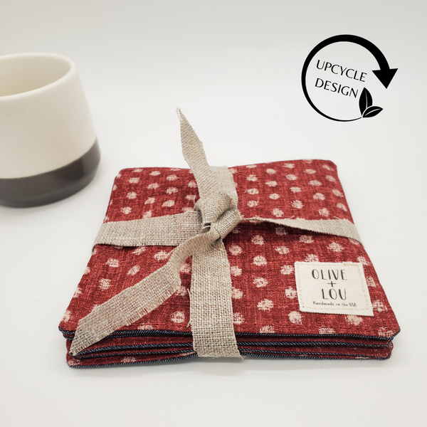 Japanese Fabric Coasters in Red Polka Dot Flower Coasters Set with Lithuanian Linen for tea coffee cups, plant coaster 