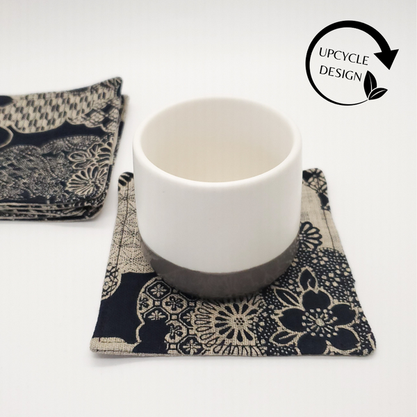 Japanese Fabric Coasters in Indigo Blossom Blue Flower Coasters Set with Lithuanian Linen for tea coffee cups, plant coaster 