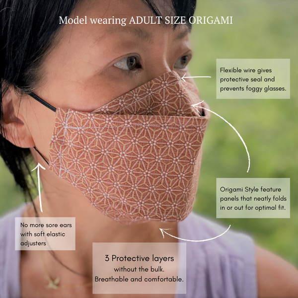 Origami 3D Japanese Pleated Face Mask in Wheat No Fog Mask nose wire filter pocket Mask for Men Women Kids Model