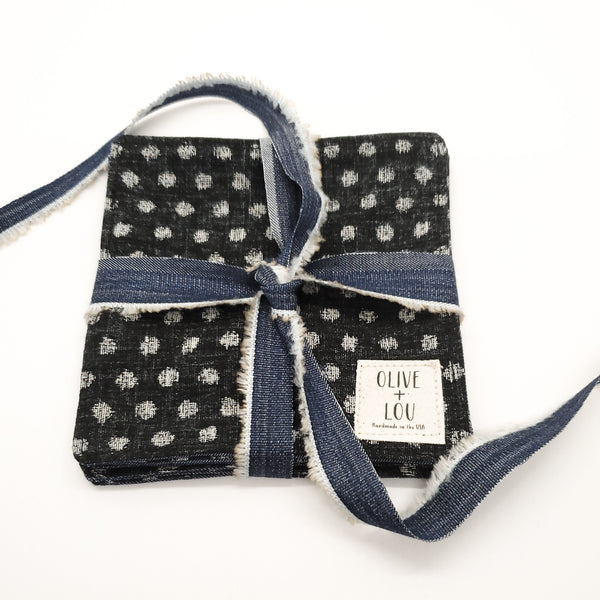 Japanese Fabric Coasters in Black Polka Dot Blue Flower Coasters Set with Lithuanian Linen for tea coffee cups, plant coaster 