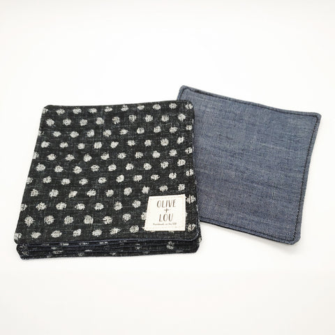 Japanese Fabric Coasters in Black Polka Dot Blue Flower Coasters Set with Lithuanian Linen for tea coffee cups, plant coaster 