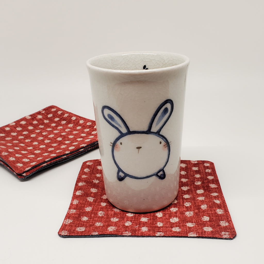 Japanese Fabric Coasters in Red Polka Dot Flower Coasters Set with Lithuanian Linen for tea coffee cups, plant coaster 