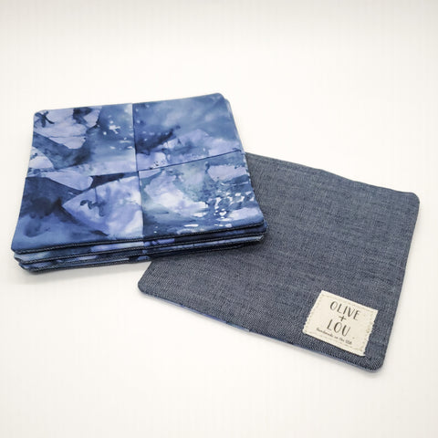 Origami Tea Folded Cloth coasters cotton ocean blue  modern coaster kitchen decor fabric handmade sustainable unique 