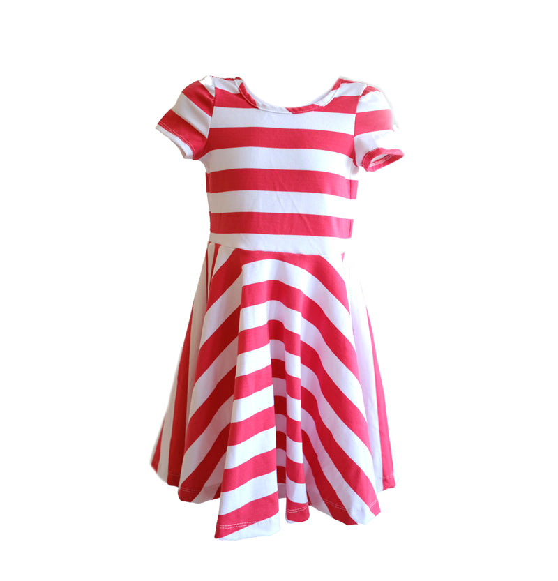 Skater Dress in Pink White Stripe - OLIVE + LOU