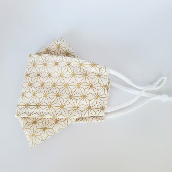 Origami 3D Japanese Pleated Face Mask in Asanoha Star Ivory Gold No Fog Mask nose wire filter pocket Mask for Men Women Kids Face Mask Fitted