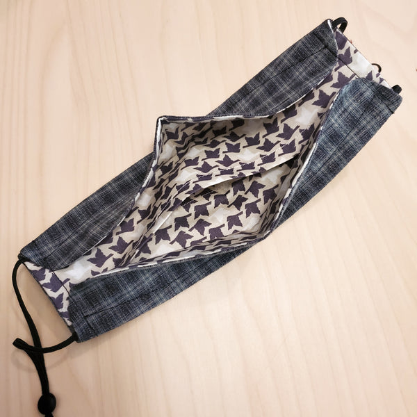 Origami Mask - Japanese Yarn Dyed Plaid in Blue/Grey|3D Mask with 2 FREE Filters| Anti fog Mask| Nose wire filter mask|3D mask