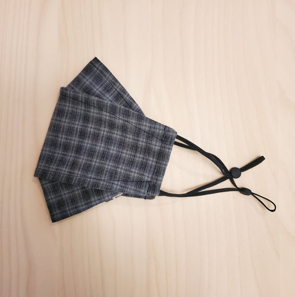 Origami Mask - Japanese Yarn Dyed Plaid in Blue/Grey|3D Mask with 2 FREE Filters| Anti fog Mask| Nose wire filter mask|3D mask