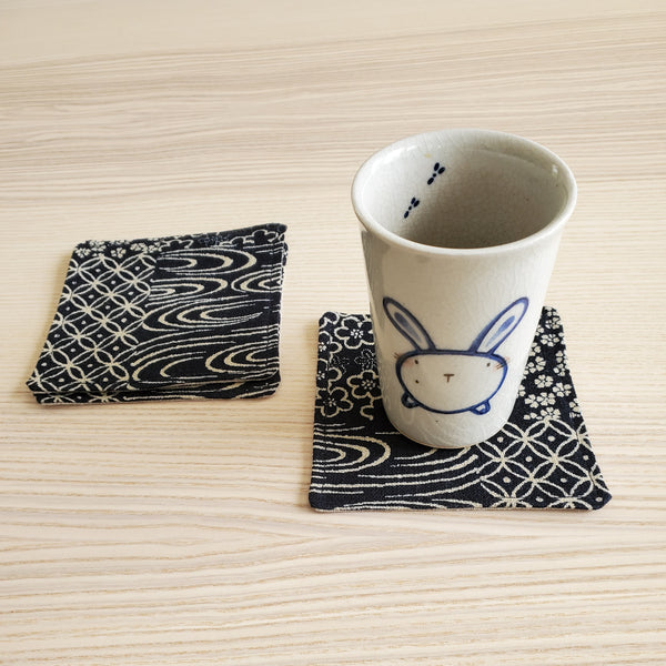 Japanese Fabric Coasters in Indigo Patchwork Blue Flower Coasters Set with Lithuanian Linen for tea coffee cups, plant coaster 