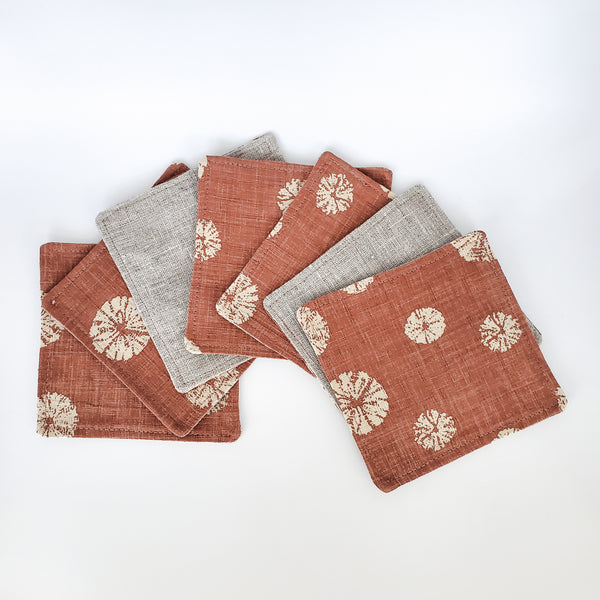 Japanese Fabric Coasters in Terra Cotta Sand Dollar Coaster Set with Lithuanian Linen for tea coffee cups, plant coaster 