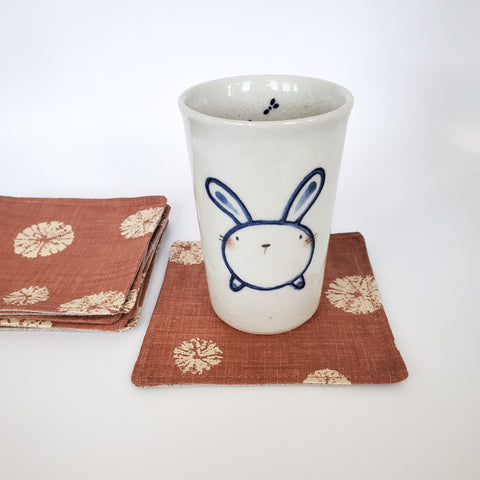 Japanese Fabric Coasters in Terra Cotta Sand Dollar Coaster Set with Lithuanian Linen for tea coffee cups, plant coaster 