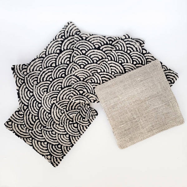 Japanese Fabric Coasters in Seigaiha Wave Coasters Set with Lithuanian Linen for tea coffee cups, plant coaster 