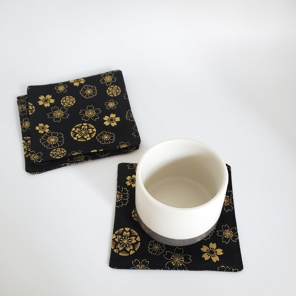 Japanese Cloth Coasters - Floral Black Gold Foil