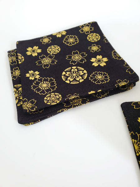 Japanese Cloth Coasters - Floral Black Gold Foil