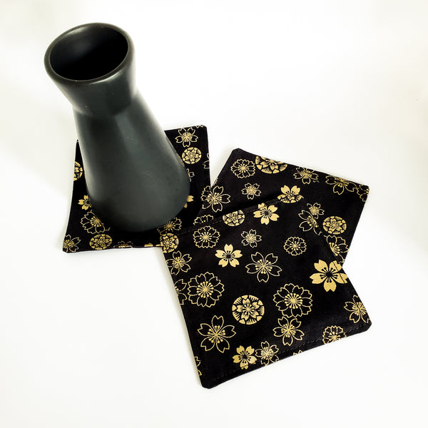 Japanese Cloth Coasters - Floral Black Gold Foil