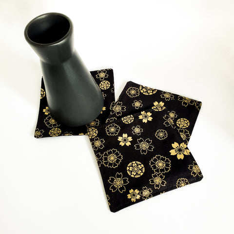 Japanese Cloth Coasters - Floral Black Gold Foil